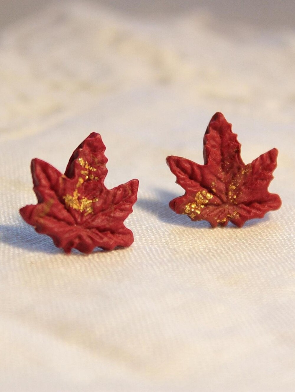 Handcrafted Red Maple Leaf Stud Earrings with Gold Accent